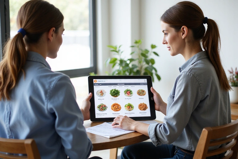 A nutritionist explaining a personalized meal plan to a client on a tablet, showing healthy food options.